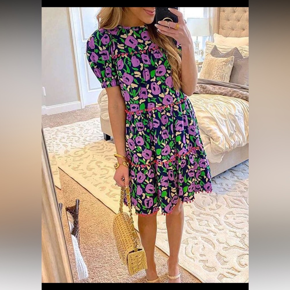 Cute Floral Print Puff Sleeve Dress PomPom summer/beach dress